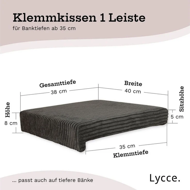 Lycce Bankauflage Bankauflage Klemmkissen 1 Leiste, Cordstoff extra Polsterung, (1 St), für Banktiefe ab 35 cm, verrutscht nicht, versch. Farben – Bild 2