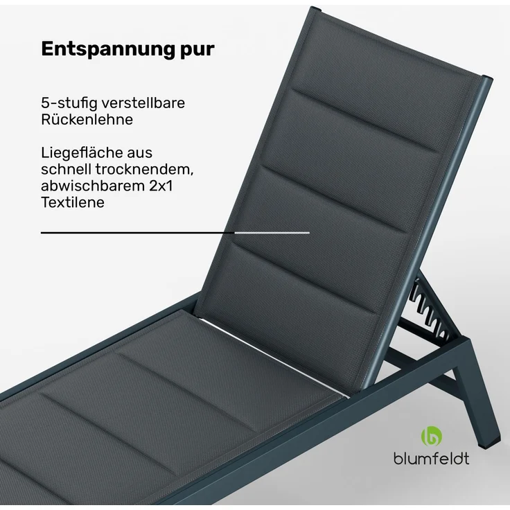 Blumfeldt Renazzo Sonnenliege - Verstellbarer Liegestuhl, Wetterfest & Ultraleicht, 5-Positionen Rückenlehne, Aluminiumrahmen, 120kg Kapazität, ComfortMesh, 195x60cm, Garten & Balkon, Anthrazit – Bild 2