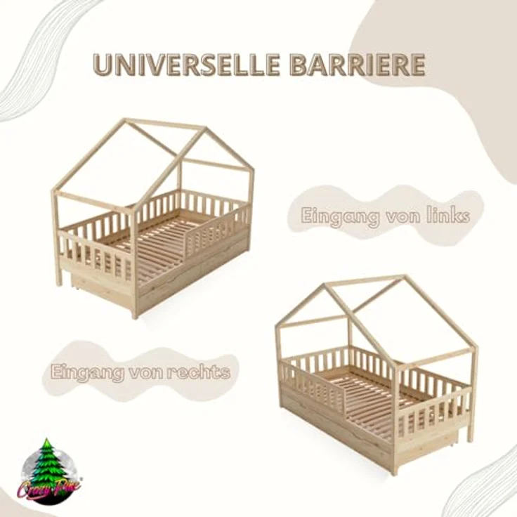 Crazy Pine 'Crazy House' Hausbett mit abnehmbaren Rausfallschutz, Naturholz, Natur, 100x200 cm, mit Schubladen – Bild 9