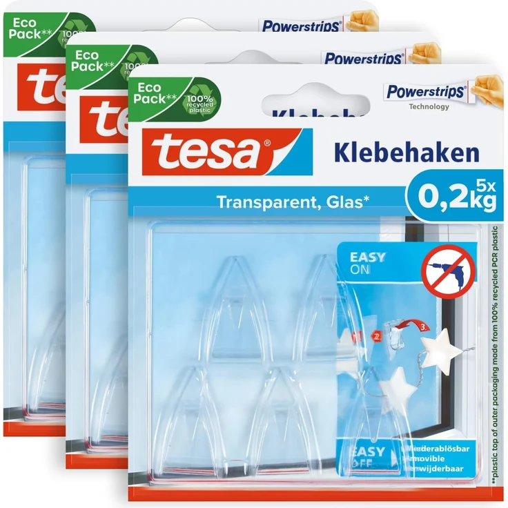 tesa Klebehaken POWERSTRIPS Doppelseitige Klebestreifen mit Bilderhaken, für Deko an Glas und Spiegel, (Spar-Set, 15-St, 3 x 5 tesa Powerstrips® Deko Haken), Transparente Klebepads - 3er Pack á 5 Dekohaken - je max. 200 g – Bild 1