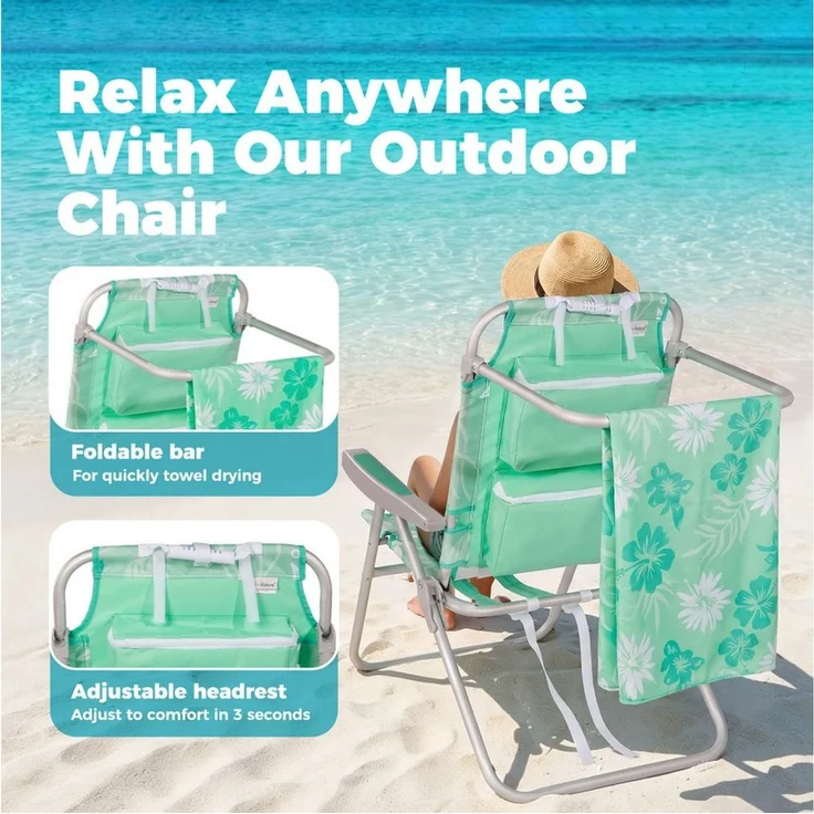 HOMECALL Klappstuhl Strandstuhl Leicht Klappbar Camping, 5-fach verstellbare Rückenlehne (Bis150KG Aluminiumrahmen, groBe Kuhitasche und Aufbewahrungstasche, 2 St), Seitentaschen, Kopfstütze, Schultergurten, Handtuchhalter – Bild 4