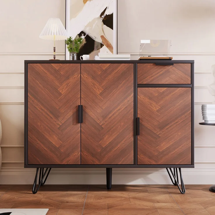 Merax Moderner Aufbewahrungsschrank, Sideboard in Schwarz und Holzoptik mit Schublade und höhenverstellbaren Einlegeböden (90 x 30 x 71,5 cm) – Bild 1