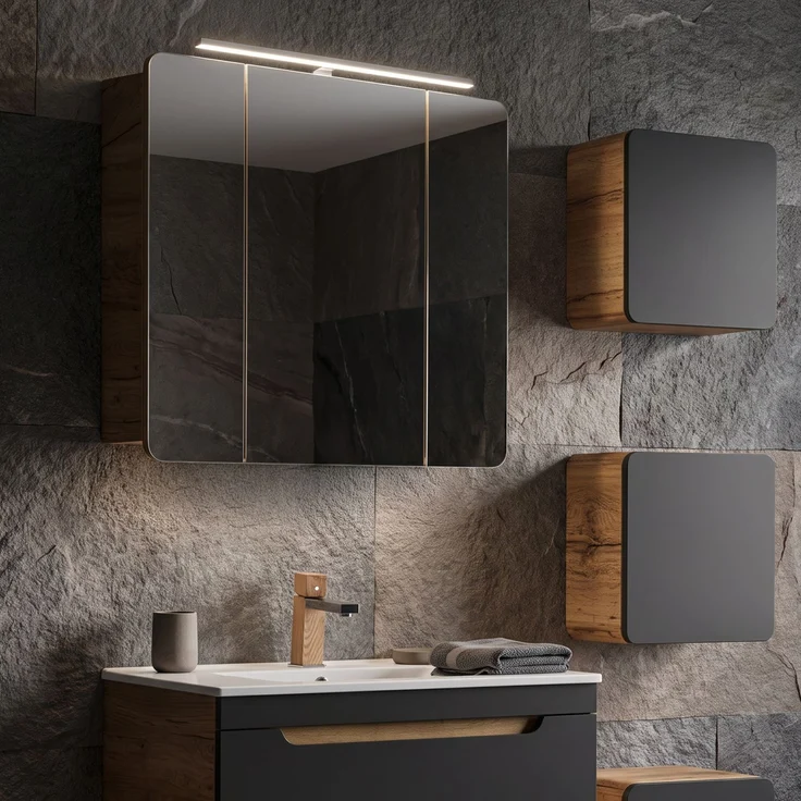 Badmöbel Set in seidenmatt anthrazit mit Wotan Eiche Nb. NEW-LUTON mit 81 cm Keramik-Waschtisch & LED-Spiegelschrank, B/H/T ca. 130/200/46 cm – Bild 10
