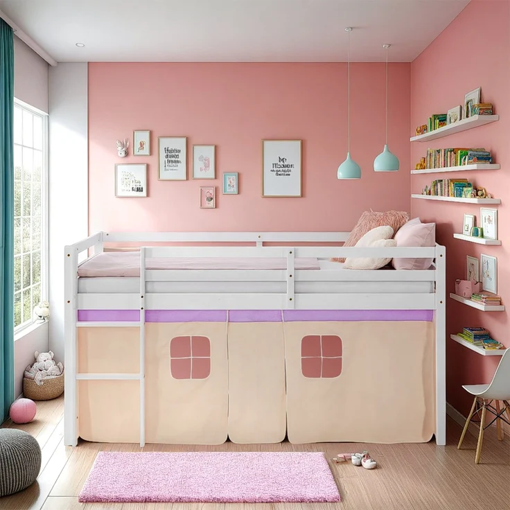 Hochbett Kinder 90x200 cm mit Matratze Kinderbett Kinderhochbett Stockbett Vorhang Lila Beige Holz Massiv Lattenrost – Bild 2