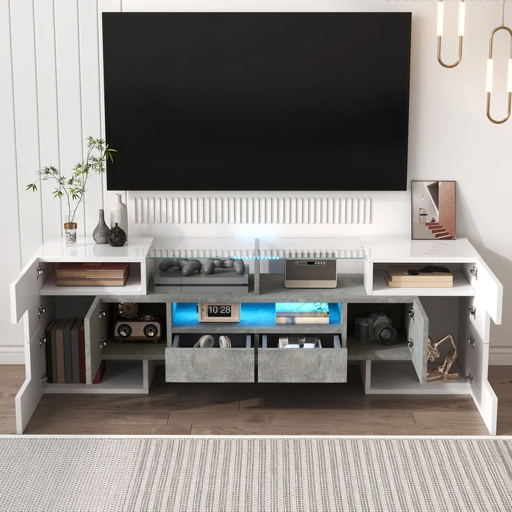 TV-Schrank 145 cm Hochglanzweiß und Beton mit LED-Beleuchtung, 6 Türen, 2 Schubladen, 3 offene Fächer – Bild 8