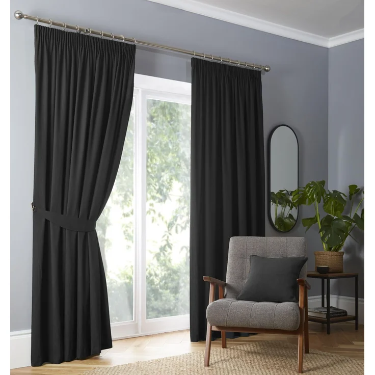 Fusion - Schwarze Verdunklungsvorhänge B90 x L72x(229 x 183cm) - Bleistiftfaltenvorhänge in Uni Schwarz - 2 Paneele - Thermogardinen für Schlafzimmer & Wohnzimmer - Plissee-Vorhänge und Vorhänge in