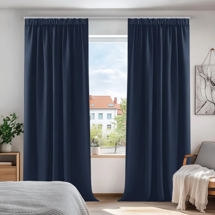 Deconovo Blickdichte Gardinen Dicke Vorhänge Verdunkelungsvorhänge mit Kräuselband Winter, 200x140 cm(HöhexBreite), Dunkelblau, 2er Set