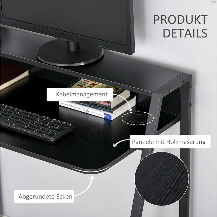 Schreibtisch aus MDF mit Ablage und Kabeldurchlass, 84x45x85 cm, Schwarz – Bild 5