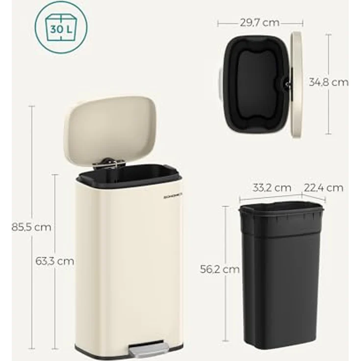 Songmics Mülleimer, geruchsdicht, Edelstahl, 30 Liter, Sandbeige – Bild 6