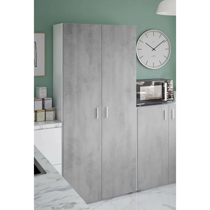 Dmora - 2-türiger Mehrzweckschrank Irvine, Hilfsschrank mit 3 Regalen, Besenhalter-Garderobe, 80 x 37 x 182 cm, Zement und Weiß