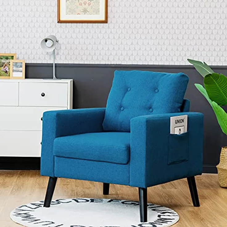 COSTWAY Sessel mit 2 Seitentaschen, Ohrensessel mit Armlehnen und Rückenkissen, Einzelsofa gepolstert, Fernsehsessel Relaxsessel Clubsessel, für Wohnzimmer, Schlafzimmer & Büro, modern (Blau) – Bild 10