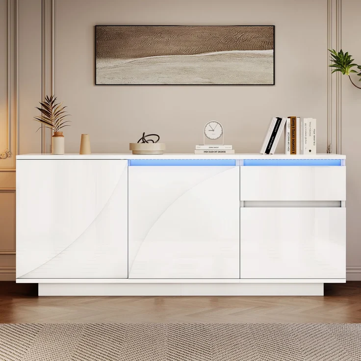 Sideboard 140 cm mit LED, Weiß Hochglanz, moderner Aufbewahrungsschrank mit 3 Türen, 1 Schublade & verstellbaren Regalen – Bild 4