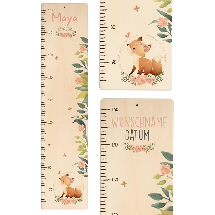 Kidsmood - Personalisierte Messlatte Kinder aus Holz – Hochwertige Messleiste & Wand-Deko für Baby- & Kinderzimmer mit abenteuerlichem Fuchs – Tolles Taufgeschenk für Mädchen & Jungen - Skala 65-140cm