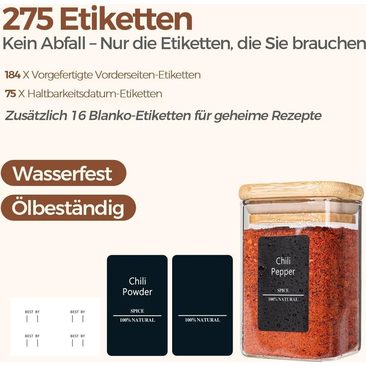 12er Set Gewürzgläser mit Bambusdeckel, 236ml, inkl. 275 Etiketten – Bild 5