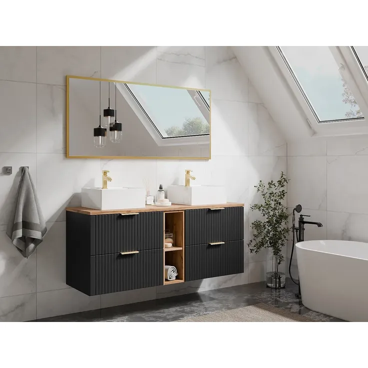 Vente-unique - ZEVARA Waschbeckenmöbel Holz, Platte Schwarz - B 46 cm x H 57 cm x L 140 cm