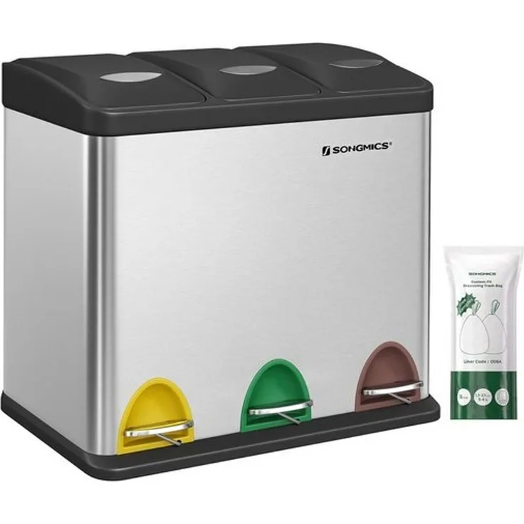 Songmics 3-in-1 Abfalleimer, Metall, 24 Liter, Silber