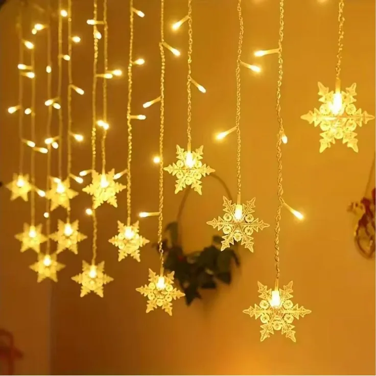 Montegoni Lichterkette Schneefloken Lichtvorhang 2,3m 8 Modi und EU-Stecker für Innenräume, 8 Programme, wasserabweisende Elemente, EU-Stecker