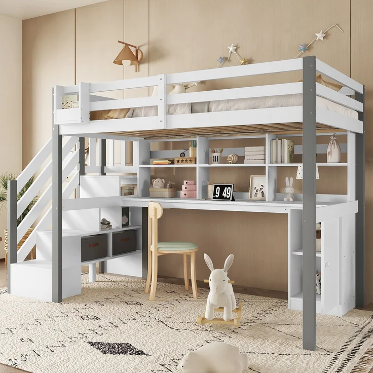 Hochbett 90x200 cm mit Schreibtisch, Stauraumtreppe und vierseitigem Rausfallschutz in Weiß-Grau, ohne Matratze – Bild 4