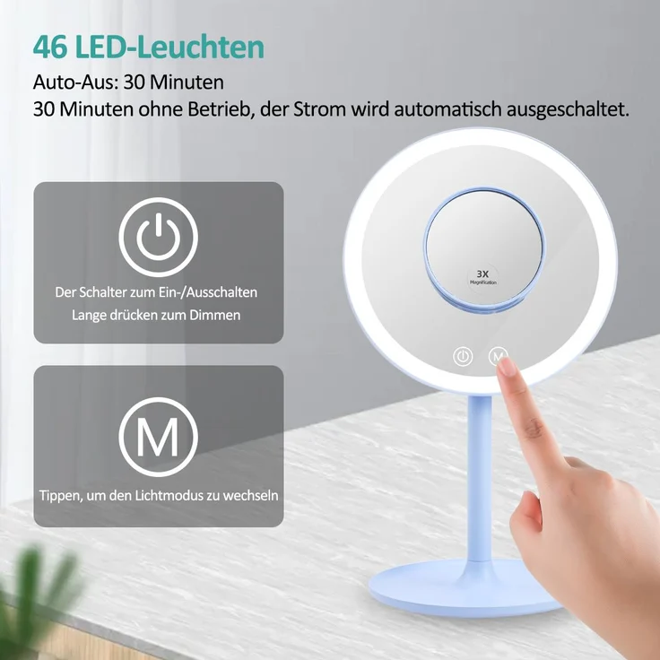 EMKE Kosmetikspiegel mit beleuchtung Wiederaufladbarer Schminkspiegel, LED Kosmetikspiegel mit 3 Lichtfarben, 1/3x Vergrößerung, 90°Schwenkbar, Touchschalter und Memory-Funktion(Hellblau) – Bild 2