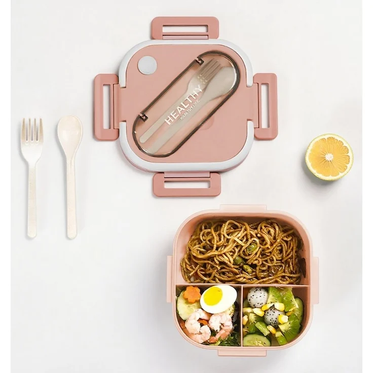 HT Lunchbox Lunch-Behälter (3 Fächer), Auslaufsicher & BPA-frei-mit Besteck, für Kinder und Erwachsene Brotdose mit Fächern – Bild 1