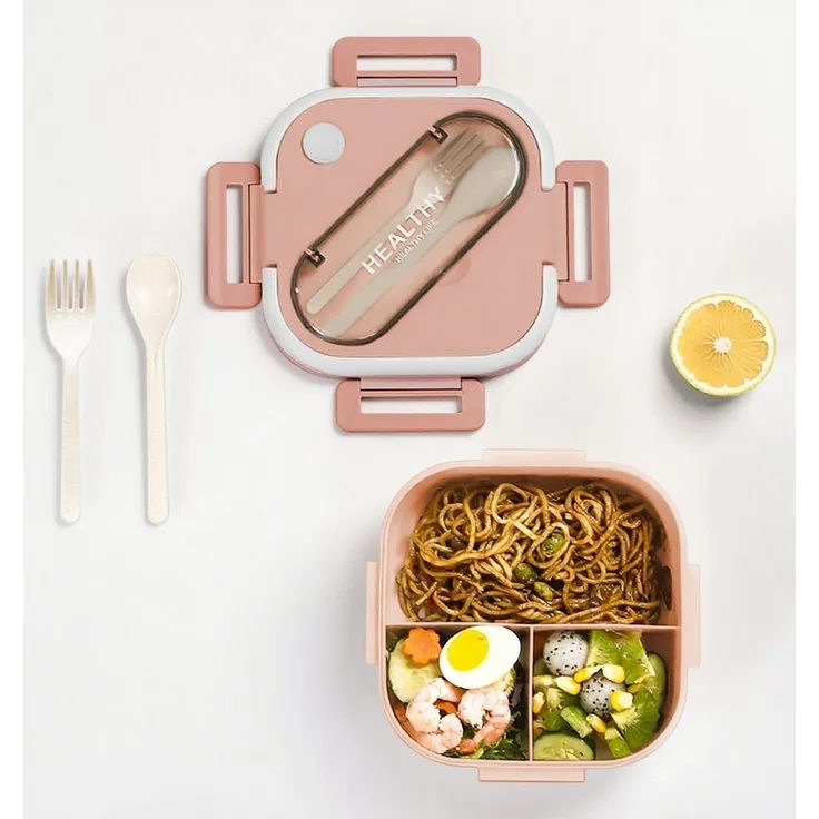 HT Lunchbox Lunch-Behälter (3 Fächer), Auslaufsicher & BPA-frei-mit Besteck, für Kinder und Erwachsene Brotdose mit Fächern