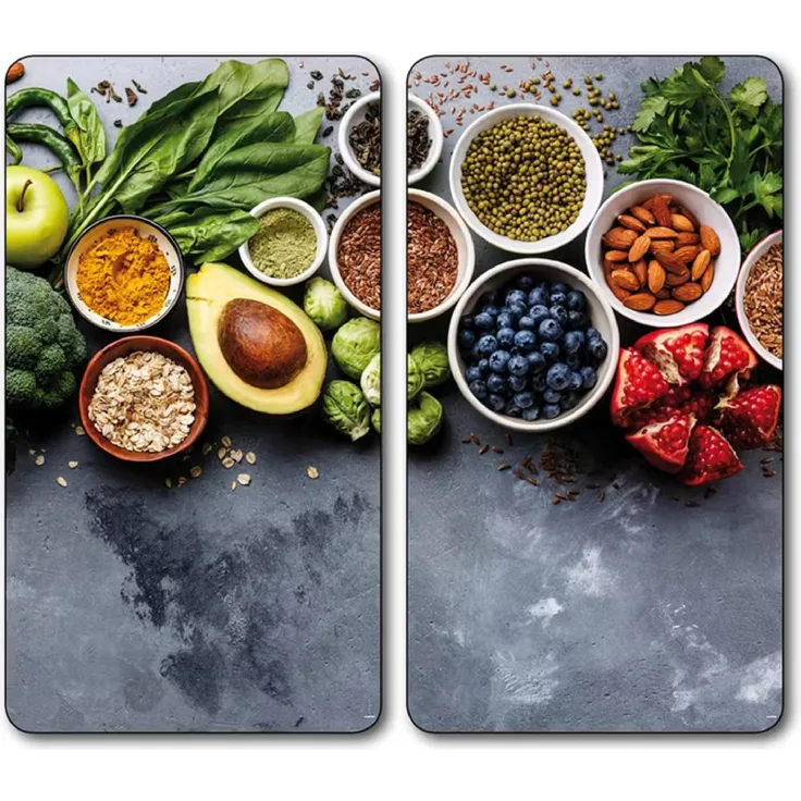 KESPER | Multi-Glasschneideplatte 2er Pack | Material: Glas | Maße: 52 x 30 x 0.5 cm | Motiv: Healthy Kitchen | Herdabdeckung für alle Herdarten | ideale Herdabdeckplatte für jede Küche
