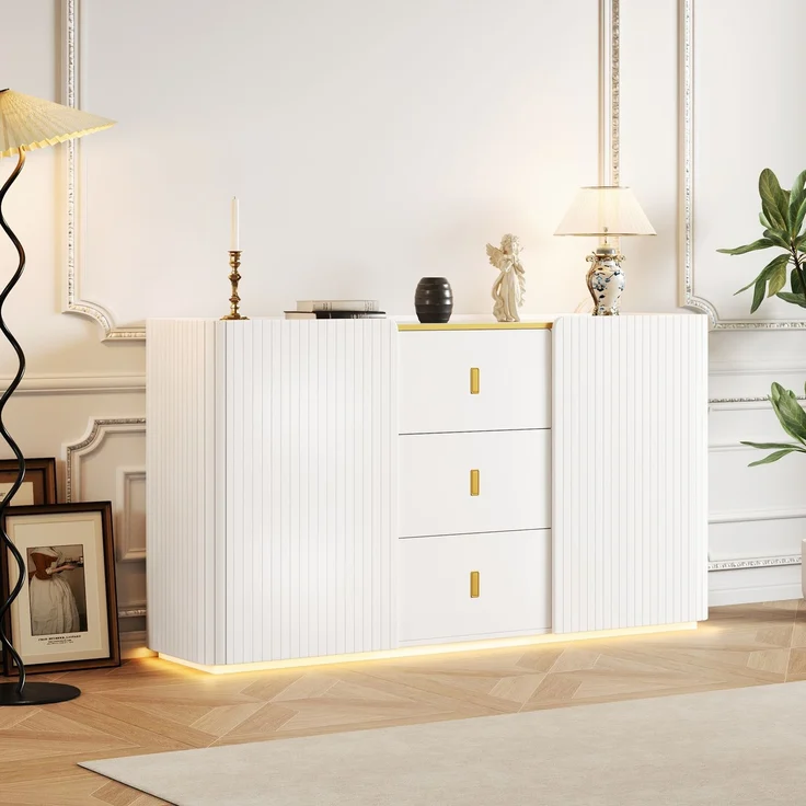 DESVIAE Sideboard Weiß aus Spanplatte – 150x80x35 cm – 3 Schubladen, LED-Beleuchtung – Bild 4