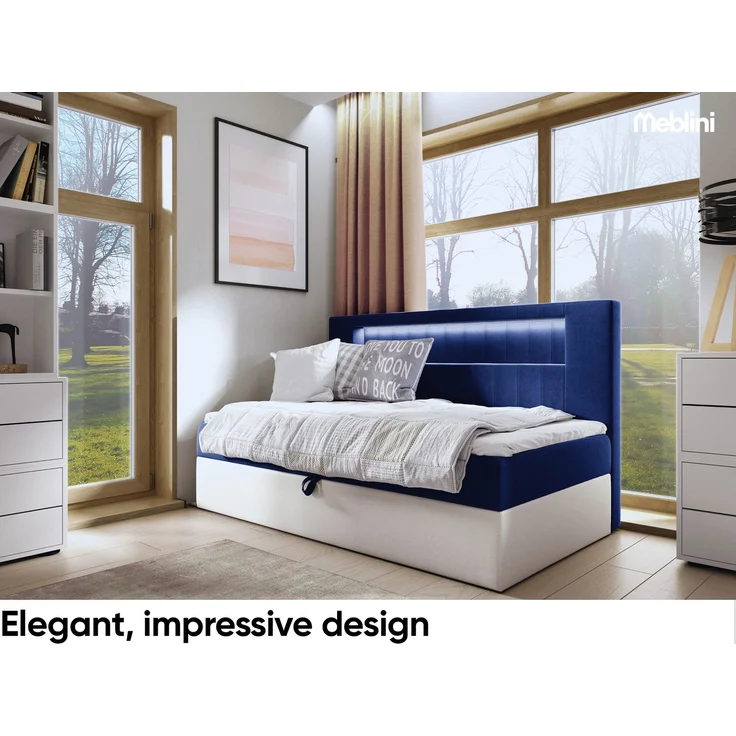 MEBLINI Kinderbett mit Bettkasten GARETH 2 90x200 – H3/Blau Samt Gepolstert Einzelbett mit Matratze - Polsterbett mit Stauraum - Bett mit Kopfteil – Stauraumbett – Bild 2