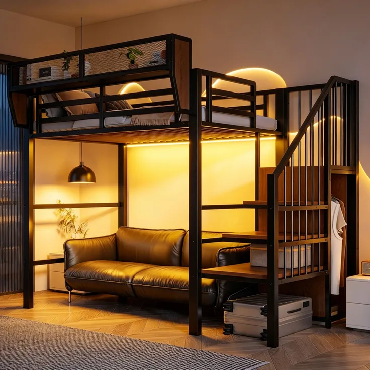 ZUBALIYA Hochbett 90 × 200 cm, Metall, LED-Beleuchtung, Leiter, Schwarz