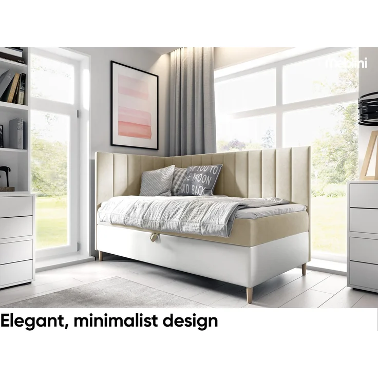 MEBLINI Kinderbett mit Bettkasten MAYA 3 100x200 Links - H3/Beige Samt Gepolstert Einzelbett mit Matratze - Polsterbett mit Stauraum - Bett mit Kopfteil – Stauraumbett – Bild 2