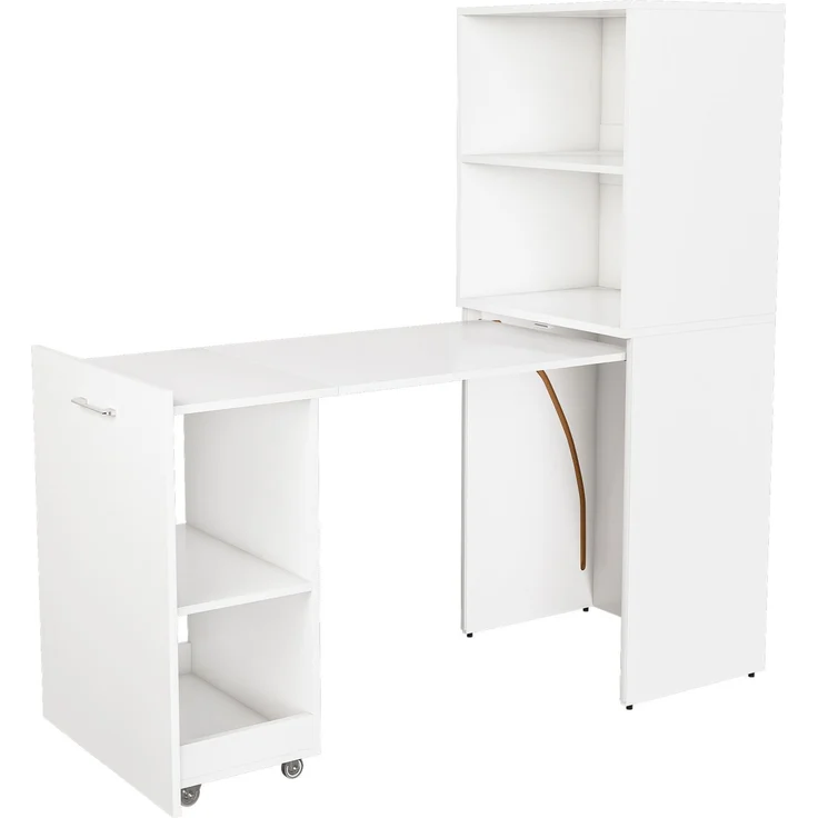 Ausziehbarer Schreibtisch aus MDF mit Stauraumschrank und verstellbaren Ablagen, 126x55x136 cm, Weiß – Bild 6