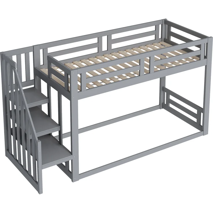 Kinderbett, Niedriges Etagenbett mit Sicherheitstreppe und Lattenrost, Etagenbettgestell aus Massivholz, Grau, 90×200 cm – Bild 2