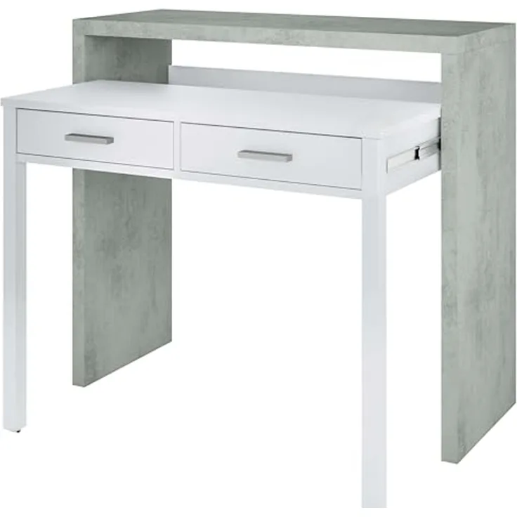 Ausziehbarer Konsolenschreibtisch mit zwei Schubladen, Betonfarbe und Deckweiß, Maße 98 x 87 x 36 cm (ausziehbar bis 66 cm)
