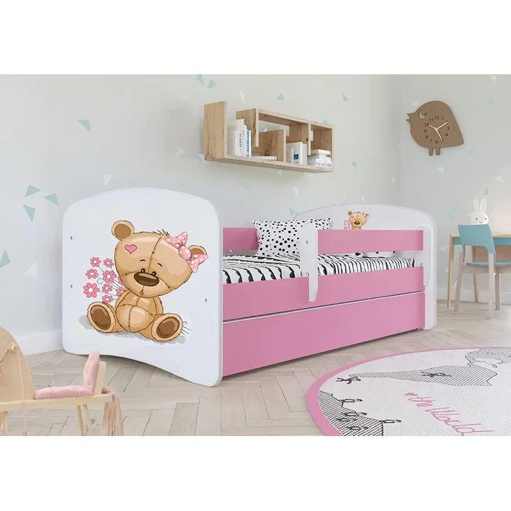 Kocot Kids 'Teddybär mit Blumen' Kinderbett 80x180 cm Rosa, mit Rausfallschutz, Matratze, Schublade und Lattenrost