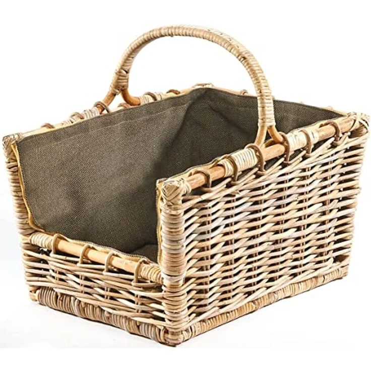 Kobolo Kaminholzkorb Holztrage Rattan grau abnehmb. Jutestoff dunkel – Bild 5