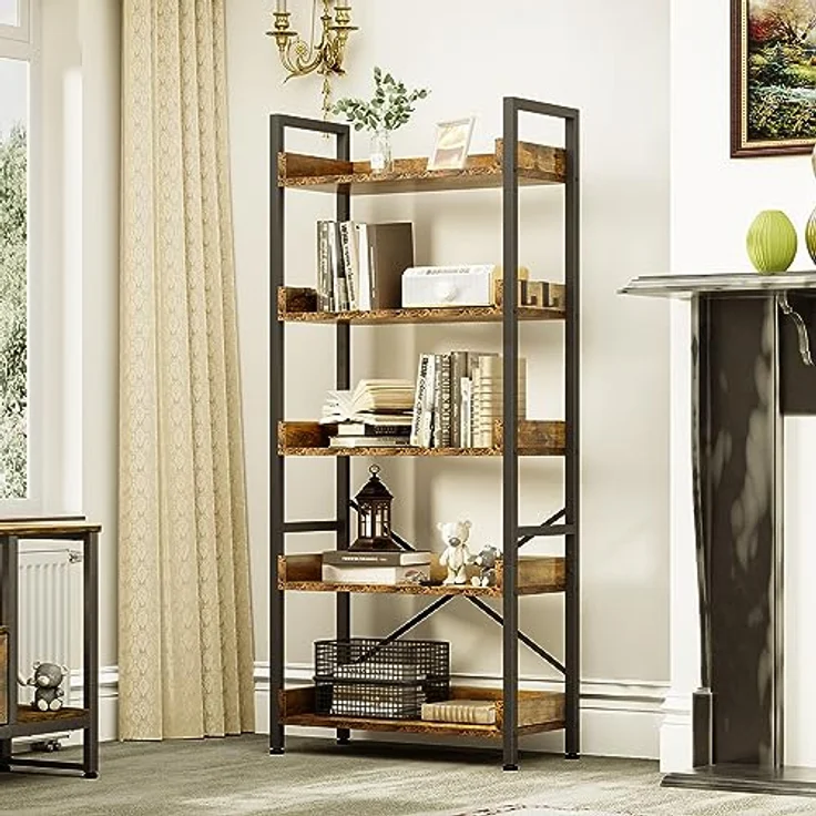 YITAHOME Bücherregal 5 Etagen, Bodenstehendes Bücherregal, Holzregal und stabiles Stahlrahmenregal mit 4 Haken Industrielles Lagerregal für Wohnzimmer, Heimbüro, Vintagebraun – Bild 2