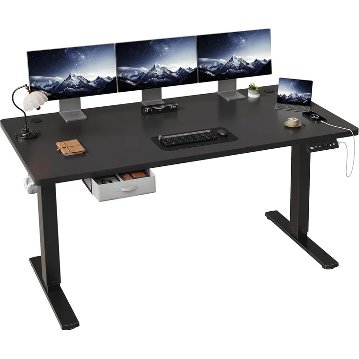 JUMMICO Höhenverstellbarer elektrischer Stehtisch 180x80 cm mit Schublade und Haken – Höhenverstellbarer Sitz-Steh-Tisch mit stabilem Stahlrahmen, breiter Stehtisch für das Homeoffice, schwarz