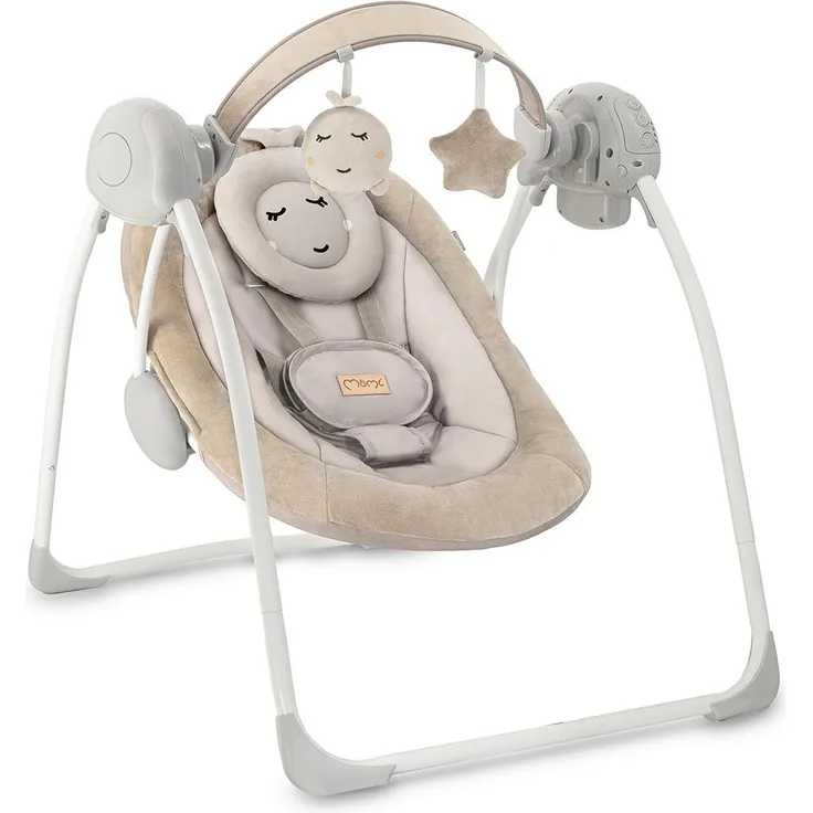 MoMi Babywippe LISS für Babys bis 9 kg, faltbar, Batterie- oder Netzbetrieb, Netzteil mit USB-Kabel, 5-Punkt-Sicherheitsgurt, Bügel und Spielzeug, 6 Melodien, Timer, 5 Schaukelgeschwindigkeit