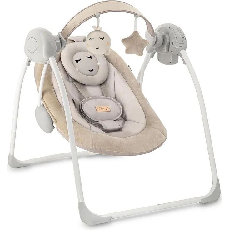 MoMi Babywippe LISS für Babys bis 9 kg, faltbar, Batterie- oder Netzbetrieb, Netzteil mit USB-Kabel, 5-Punkt-Sicherheitsgurt, Bügel und Spielzeug, 6 Melodien, Timer, 5 Schaukelgeschwindigkeit