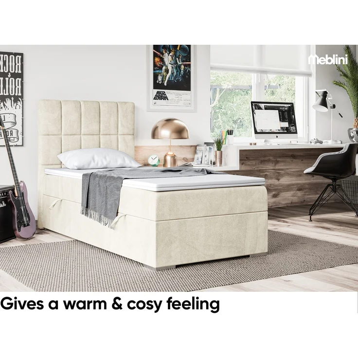 MEBLINI Boxspringbett LUKAS 100x200cm Links - H4/Creme Samt - mit Bettkasten - Gepolstert Einzelbett mit Topper & Taschenfederkern-Matratze – Bild 4