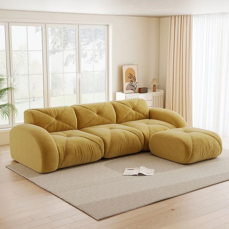 EINHOM L-förmiger Sessel, modulares Sofa, Dreisitzer-Kombinationssofa geeignet für das Wohnzimmer, rutschfeste Unterseite, keine Montage erforderlich, modulares Sofa mit Fußstütze, Gelb