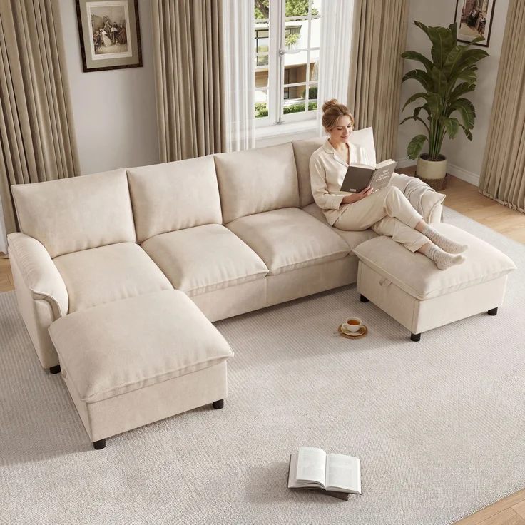 ZUBALIYA Modulare Wohnlandschaft, mit Stauraum, modular kombinierbar, mit Hocker, H 84 × T 142.5 × B 264.5 cm, Beige, Chenille – Bild 4