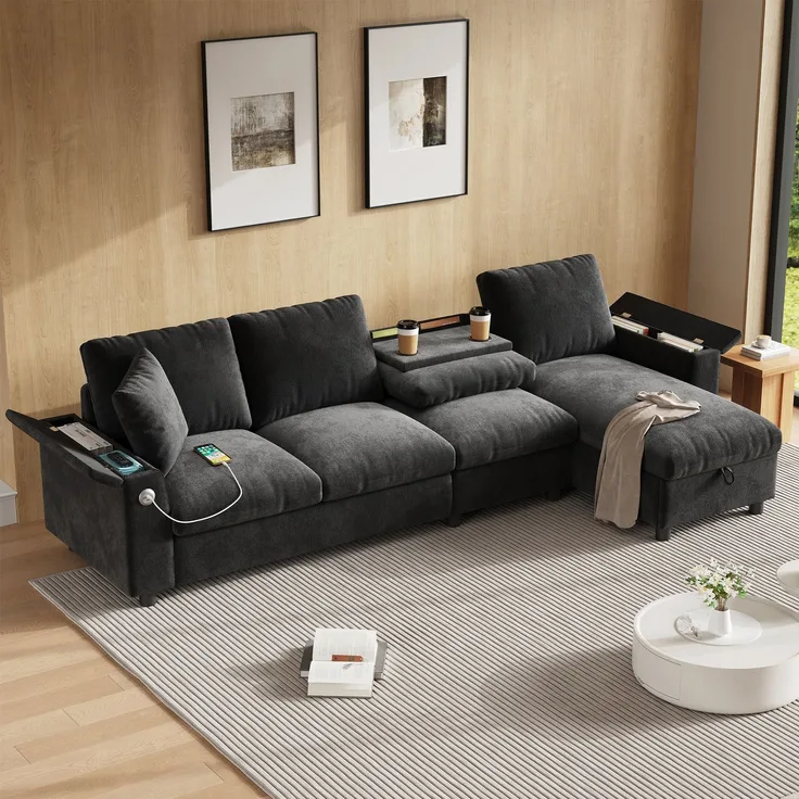 EINHOM Chenille-Stoffsofa, L-förmige Ecke und zwei Armlehnen mit Stauraum. Ausklappbarer Couchtisch mit zwei Getränkehaltern, 1 USB und 1 Typ-C. L-förmiger Teil kann links oder rechts platziert werden. grau