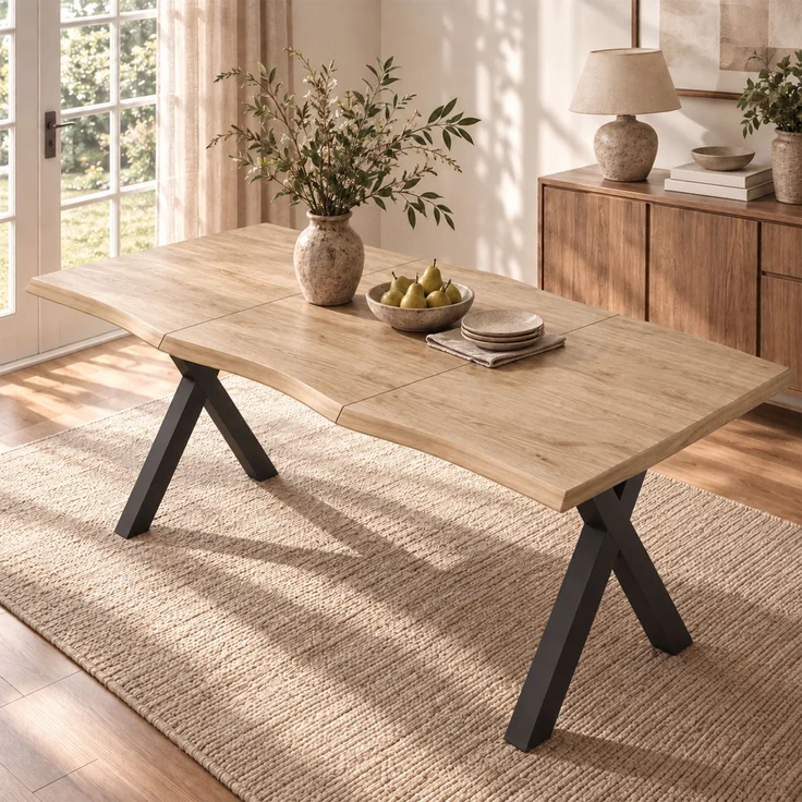 Merax Esstisch 160*78*75cm, geeignet für 4-6 Personen, Wellenförmiges Tischplattendesign, verdickte Tischplatte, X-förmige Eisenbeine, Holzfarbe – Bild 1