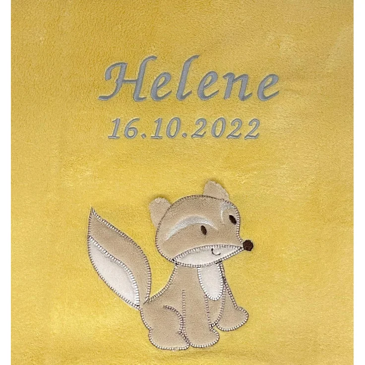 KIDDI-MEDIA Babydecke mit Name und Geburtsdatum Bestickt/kuschelig weich / 1A Qualität (Gelb - Fuchs)