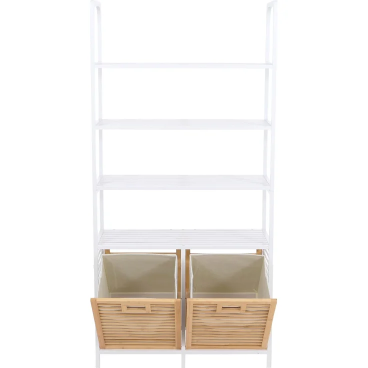 Bambus-Badezimmerschrank HWC-N83, Regal Badschrank, 2 Wäschekörbe 4 Regalböden MVG 168x81x33cm ~ natur-weiß, Korb natur – Bild 8