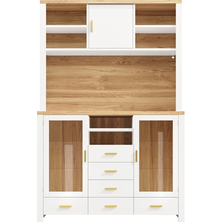 Seitenboard / Aufbewahrungsschrank / Multifunktions-Küchenschrank / Buffetschrank, 120x40x188cm, Landhausstil, 4 Türen, mit LED-Lichtleiste, 6 Schubladen & 3 Türen, Weiß mit Holzoptik – Bild 9