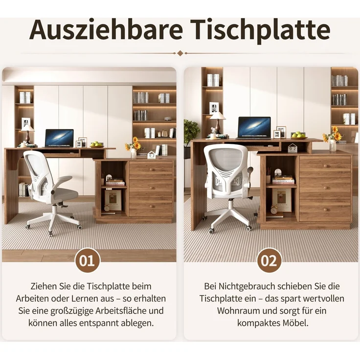 Schreibtisch aus MDF, ausziehbar mit Tastaturauszug, 110x40x75,5 cm, Walnuss – Bild 8