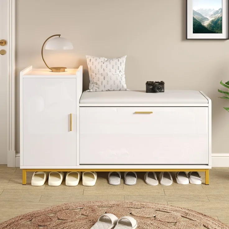 Schuhschrank mit Sitzbank Weiß/Gold, 100x38x68 cm, Hochglanz mit herunterziehbarem Schuhregal
