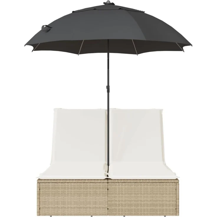 Doppel-Sonnenliege, Gartenliege mit Kissen & Sonnenschirm Beige Poly Rattan – Bild 4